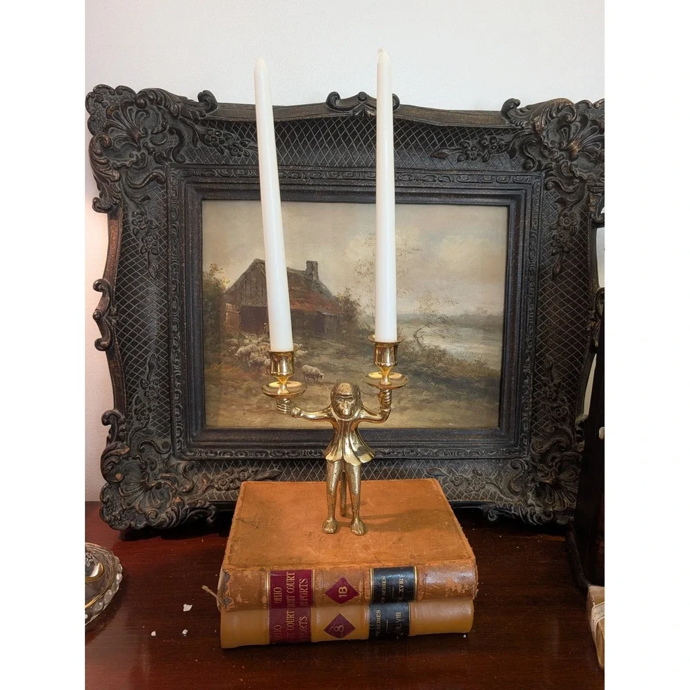 Vintage Brass Monkey Candelabra Double Arm Taper Candle Holder India 8x6